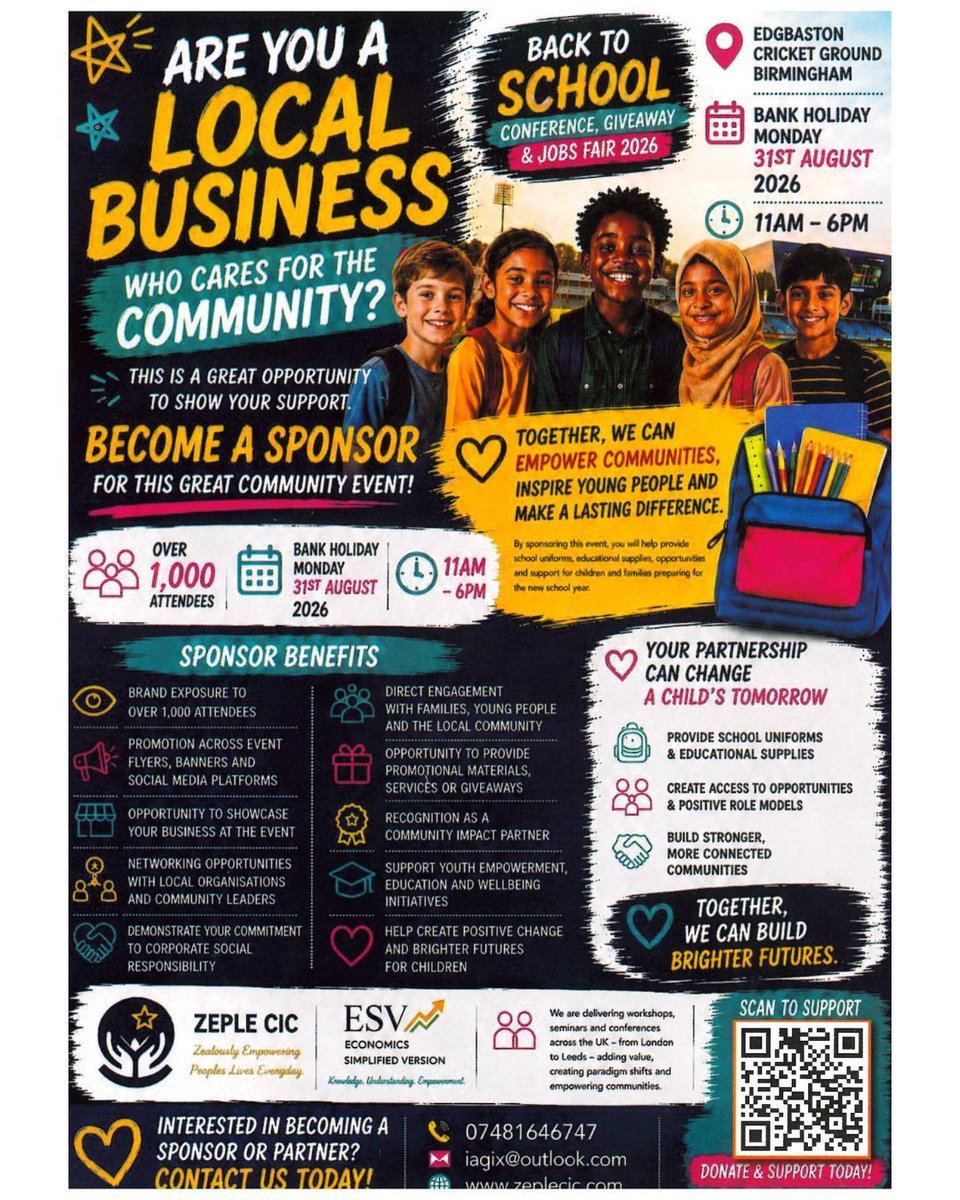 StClem_Nechells's tweet photo. Want to get involved and support the "Back to School Conference, Giveaway and Jobs Fair 2026" at the end of the month? Then take a look at this flyer from Zeple CIC and contact them if you are interested. https://t.co/XmRnZyVOc2