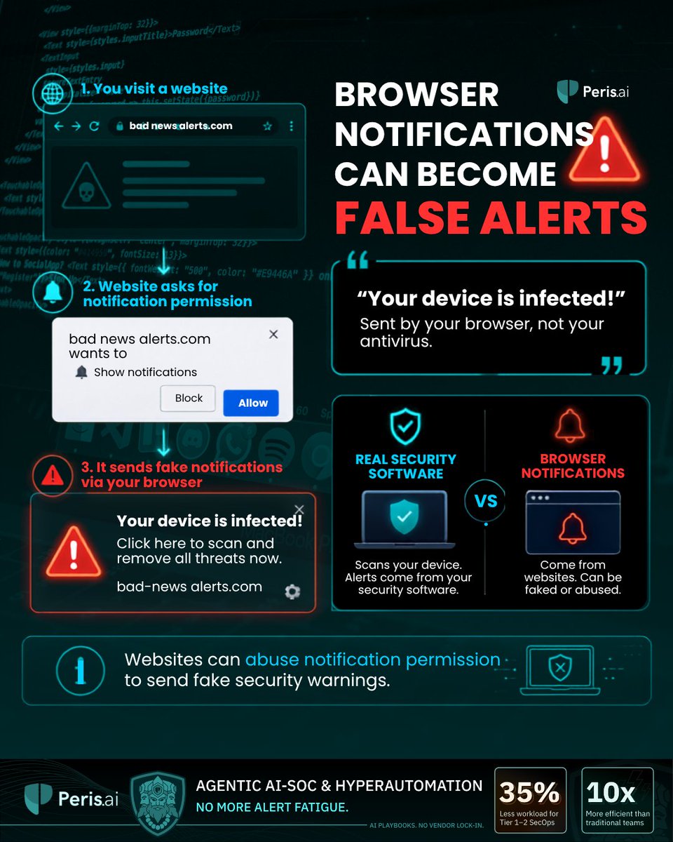 peris_ai's tweet photo. 🚨 “Your device is infected!”
Before you panic, check where the alert came from.
Not every alert comes from your device.
#CyberAwareness #BrowserSecurity #OnlineSafety #Cybersecurity #DigitalSafety #PerisAI #YouBuild #WeGuard https://t.co/p6TgL1SbUr