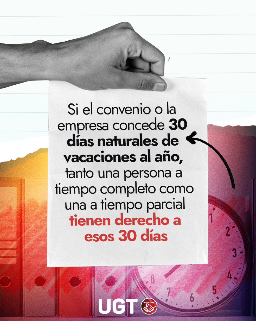 UGT_Comunica's tweet photo. 🤔 ¿Tengo las mismas vacaciones con contrato a jornada parcial que a tiempo completo?

✅ En el Estatuto de Trabajadores no hay distinción entre los derechos de una persona trabajadora a tiempo parcial o completa
✅ Para calcular las vacaciones lo que importa es la duración del contrato