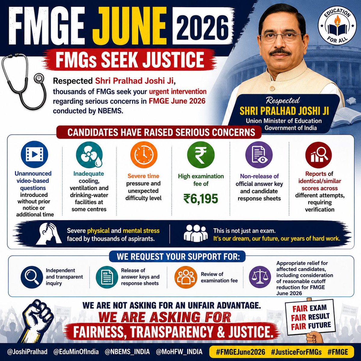 lm_gurjar_up85's tweet photo. Respected Shri @PralhadJoshiOfc @JoshiPralhad thousands of FMGs seek your urgent intervention in FMGE June 2026. Unannounced video questions, severe time pressure, poor centre facilities, no answer key/response sheets &amp; score concerns demand an independent inquiry.
Solve this🙏🏻 https://t.co/VzonBkQviK