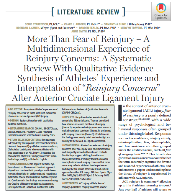 JOSPT's tweet photo. How well does the Fear Avoidance Model capture concerns about re-injury following an #ACL injury 🤔

It turns out not very well

Our #QualitativeEvidenceSynthesis summarizes the multi-faceted nature of #ReinjuryConcerns athletes experience ➡️ https://t.co/9k3a8AZufR

#yourJOSPT https://t.co/v8Lyuvsduy
