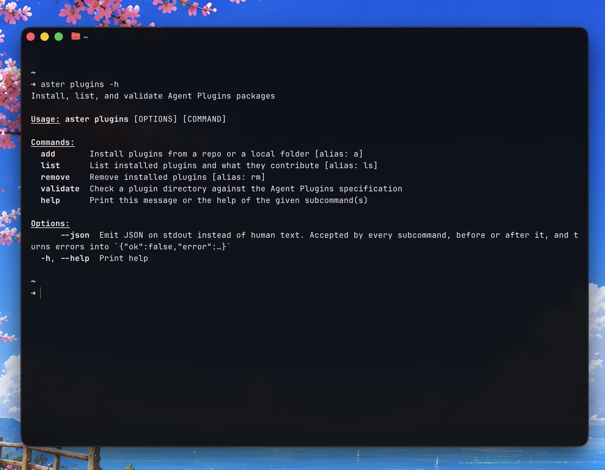 chiziaruhoma's tweet photo. @try_aster now supports Agent Plugins, the portable plugin standard adopted by @vercel_dev, @kirodotdev, @cursor_ai, @github, @Microsoft, and @OpenAI.

One folder, any client. A plugin published for ChatGPT, Codex, Cursor, Copilot, Kiro, or VS Code installs into Aster unchanged.

$ aster plugins add owner/repo

The portable format only carries Skills and MCP servers. 

Everything else Aster gives you is native: 18 built-in skills, sub-agents, project memory, and a policy sandbox around every command.