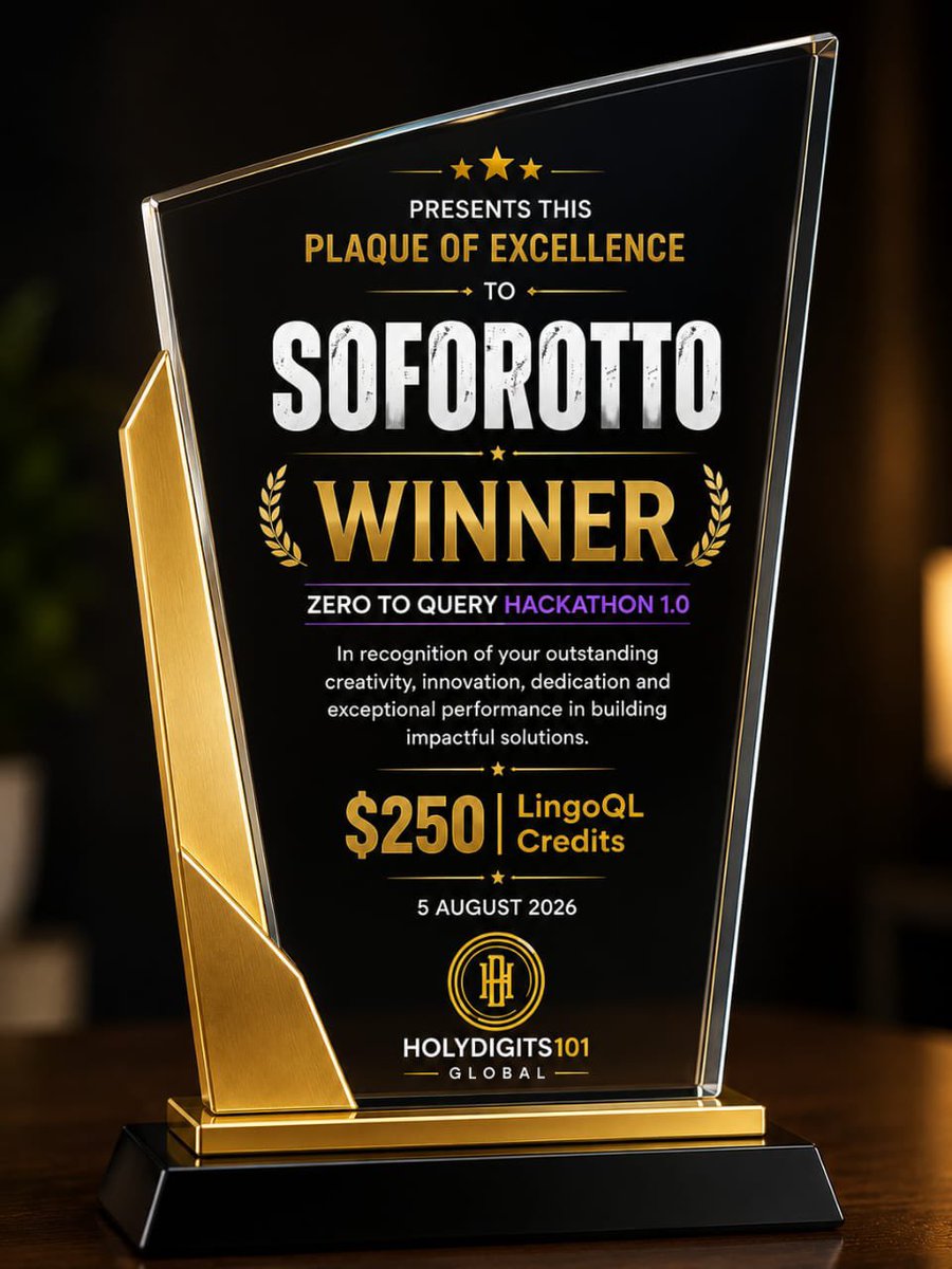 Holydigits101's tweet photo. π Zero to Query Hackathon 1.0 winners are in!
π₯ Soforotto β $250 LingoQL Credits
π₯ Ajo β $100 LingoQL Credits
Built with Sub0 + LingoQL. Real impact. Real builders.
Huge congratulations to both of you. This is only the beginning.
#ZeroToQuery #LingoQL https://t.co/ZS2a2GbfU2