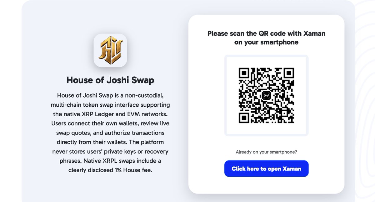 thehouseofjoshi's tweet photo. $XRPL just got closer to the Kingdom. 👑

House of Joshi Swap now supports a simple Xaman connection for XRPL swaps.

📱 Scan. Connect. Review. Approve.
🔐 Non-custodial.
⚡ Your wallet. Your assets. Your choice.
The Kingdom is expanding. 🏰
#XRPL #Xaman #XRP https://t.co/w9VD82snwy
