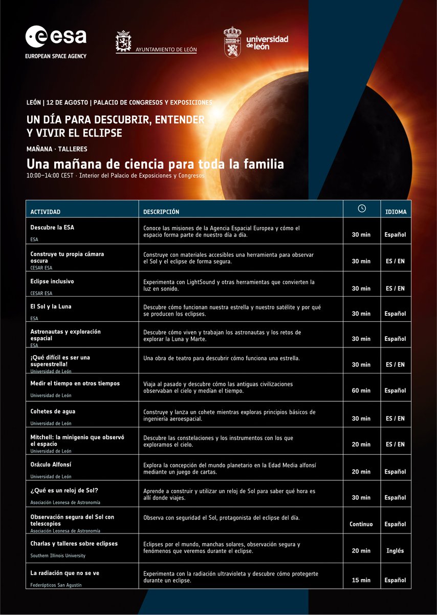 LeonAyto's tweet photo. ☀️🌕 ¡Cuenta atrás para disfrutar del #eclipsesolar en #LeónEsp! 

🚀 Te esperamos en el Palacio de Congresos y Exposiciones para hacer del 12 de agosto una jornada inolvidable con la programación que hemos preparado junto a la @esa_es y la @unileon https://t.co/bQs0JM9vEU