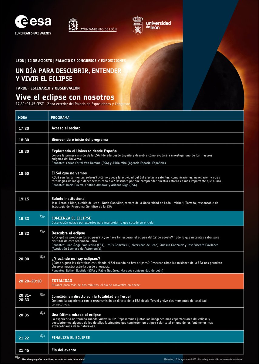 LeonAyto's tweet photo. ☀️🌕 ¡Cuenta atrás para disfrutar del #eclipsesolar en #LeónEsp! 

🚀 Te esperamos en el Palacio de Congresos y Exposiciones para hacer del 12 de agosto una jornada inolvidable con la programación que hemos preparado junto a la @esa_es y la @unileon https://t.co/bQs0JM9vEU