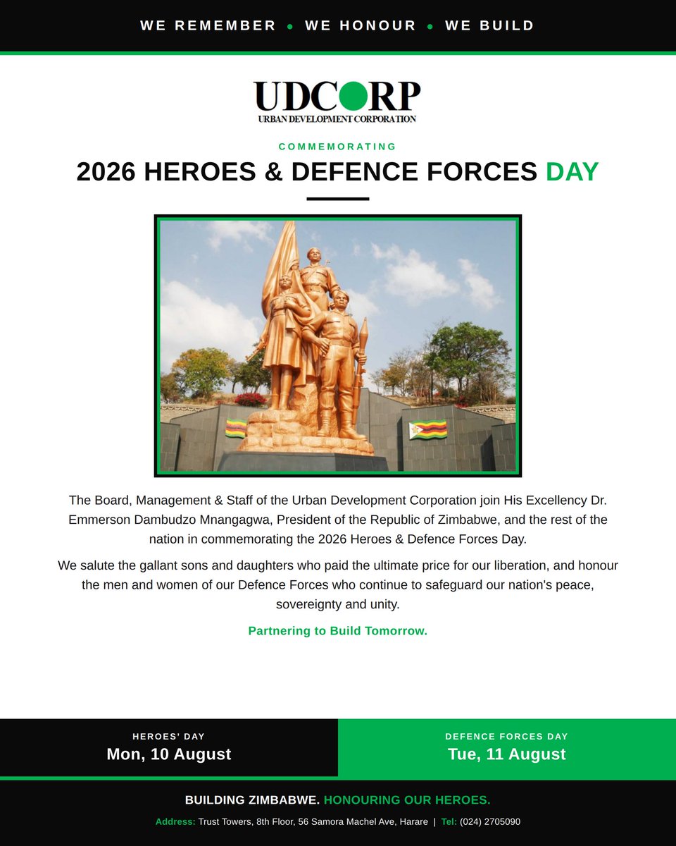 Udcorpzw's tweet photo. The Corporation joins the rest of the nation in commemorating National Heroes & Defence Forces Day.
#theudcorpcitizenswant
#partneringtobuildtomorrow https://t.co/NEo3KSg7LW