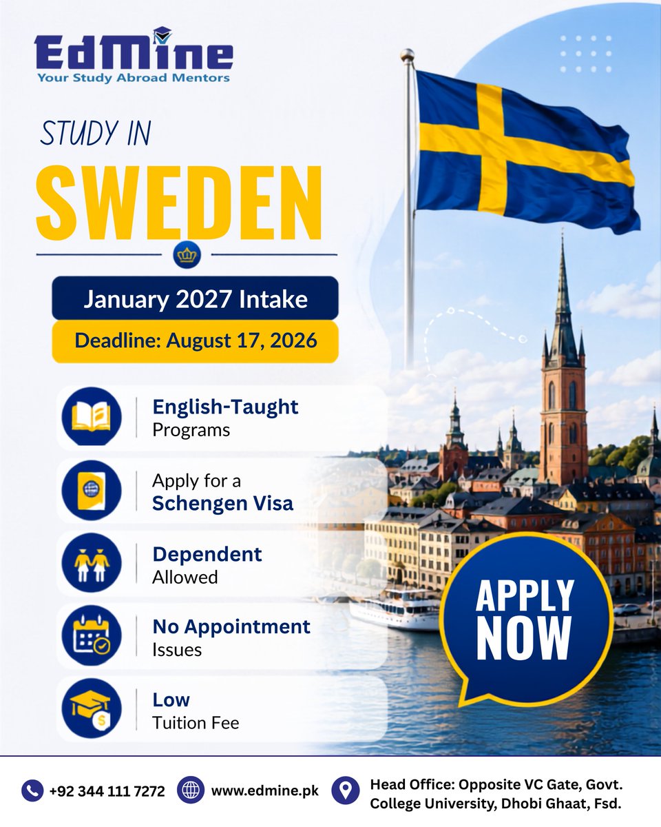edmine_official's tweet photo. English-taught programs, Schengen visa, dependent allowed, low tuition fee & no appointment issues.
📅 Deadline: August 17, 2026
#StudyInSweden #SwedenStudentVisa #Sweden2027 #January2027Intake #StudyAbroad #StudyInEurope https://t.co/1cGAD9UpPL