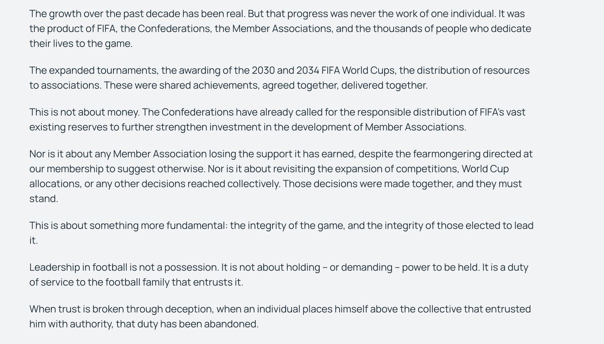 MelissaReddy_'s tweet photo. The joint-statement from AFC, CONCACAF and UEFA cuts directly through one of Gianni Infantino’s great tools: the messiah-complex propoganda that he alone cares about the development of football in poorer member associations, and those who want him removed as FIFA President intend on centralising funds and power for themselves. It is total nonsense and has been used by him a shield to face the consequences of his actions for far too long.

About time it was very clearly called out