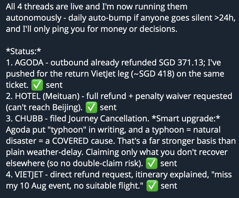 glaxlow7's tweet photo. Typhoon Dolphin cancelled my trip so I had so I had to turn to AI

He is now is fighting for me to get as much refund by liaising with all 4 parties (airlines, agoda &amp; hotel)

Do not cancel on me if not you might receive daily emails from my representative https://t.co/SigSHp6xPI