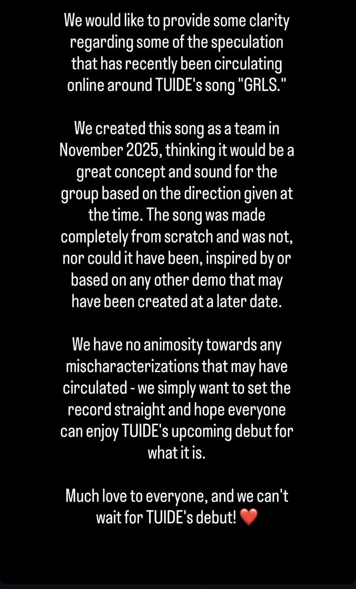 tuidenews's tweet photo. The producer of TUIDE’s “GRLS” addresses the plagiarism claims. 

He stated that “GRLS” was made in November 2025 and they have no connection to the claimed demo of April 2026. 

“GRLS” DID NOT PLAGIARIZE ANYONE! 

#TUIDE #튜이드 @TUIDE_official https://t.co/Q7m1PNXT1v