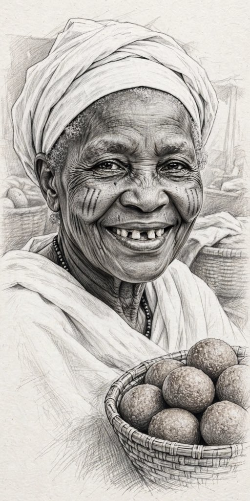 Mramy9's tweet photo. 🧵: Forgotten Faces.

Mallam Sani is 73. He sells kola nut in front of our mosque in Croc City.
He has NEVER seen a photo of his mother.

He told me: "She had 3 tribal marks on each cheek, gap teeth, always wore white wrapper. She sold kosai by the roadside, smiling even when she had nothing."

I told him: I will draw her.
This is his mother.