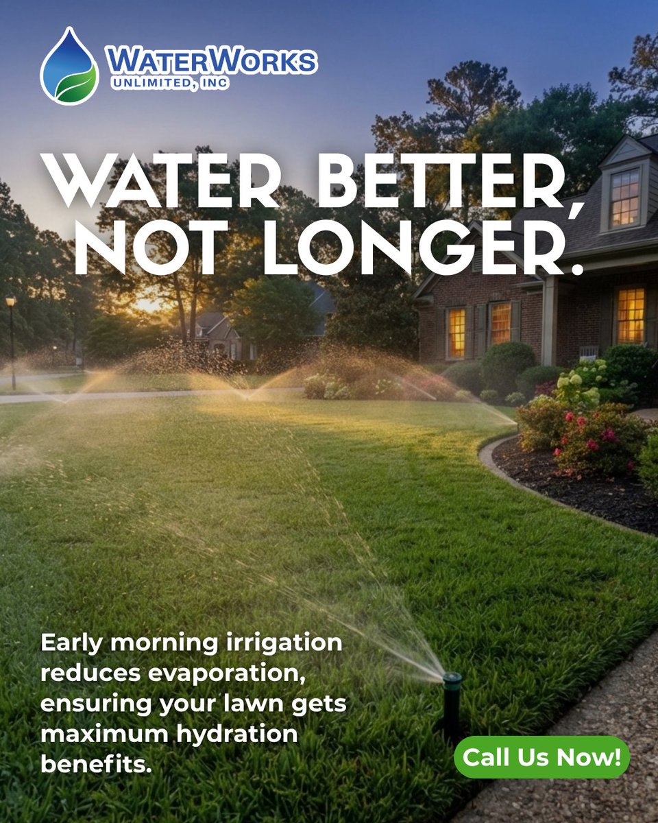 Waterworksunltd's tweet photo. Watering in the early morning ensures deep soil absorption and minimal evaporation loss. Water Works Unlimited can set your controller for the perfect cycle to keep your landscape resilient.
#raleighnc #nclawncare #waterwise #raleigh #waterworksunlimited ☀️ https://t.co/H1HQg0Hdhq