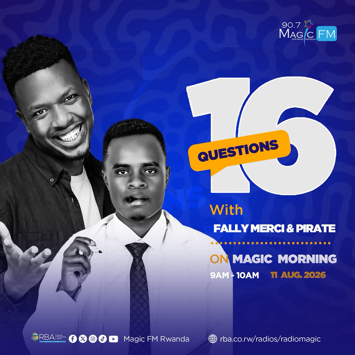 MagicFmRadio's tweet photo. Ejo turarya show hamwe na @MerciNdaruhutse & @Pirateminisitir π₯π #16Questions #MagicMorning 6am-10am https://t.co/6u0kEwyOme