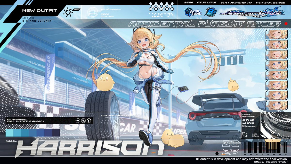 AzurLane_EN's tweet photo. ★Accidental Pursuit Race?★

W-w-wait, my tire! Watch out, Commander! That naughty little tire's rolling right at you!

USS Harrison is changing into her new attire. She will grace your dock in the near future, Commander.

#AzurLane #Yostar #AzurLane8thAnniv https://t.co/n1eRZhALJw