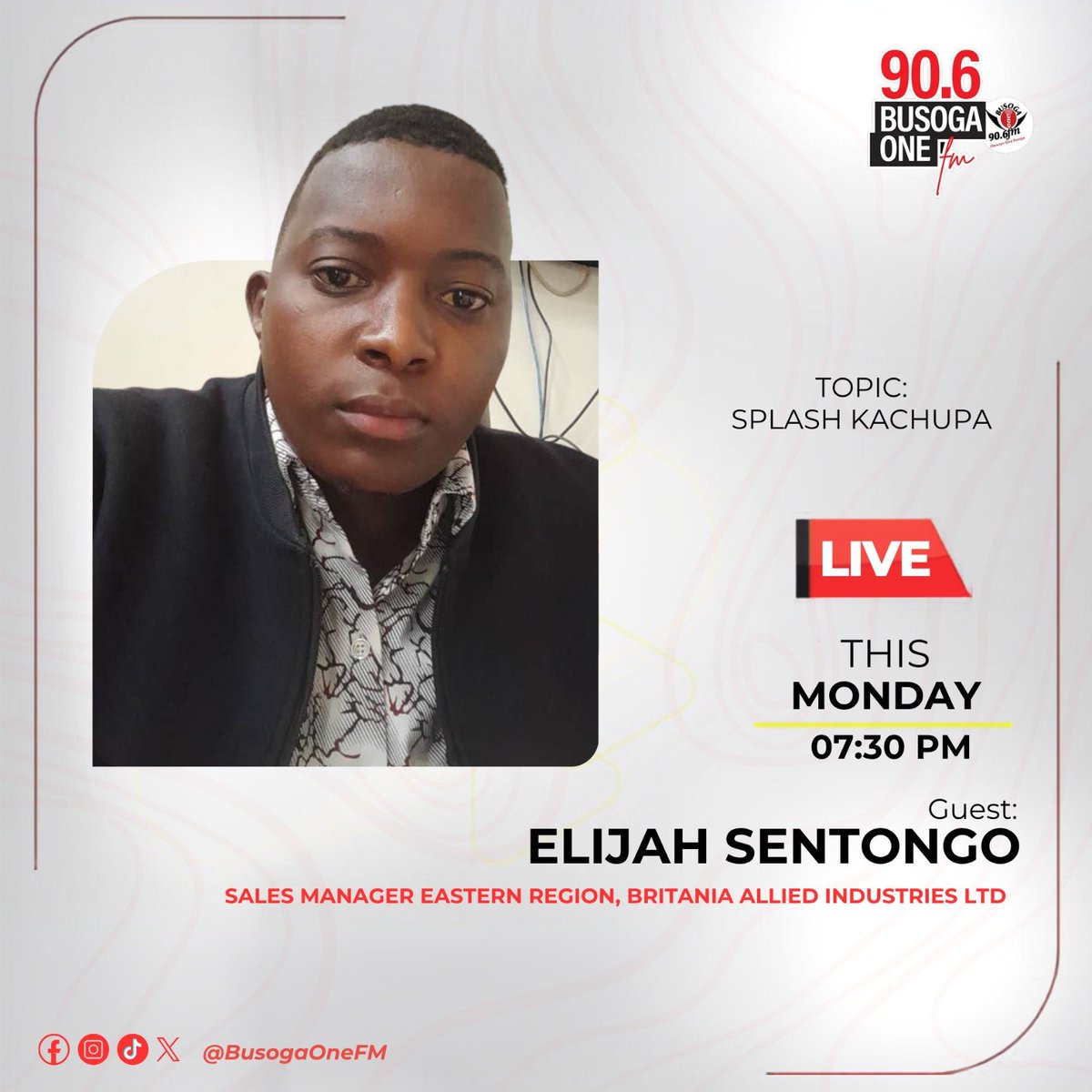 Splash_Ug's tweet photo. Our very own Elijah Sentongo, Sales Manager for the Eastern Region, will be LIVE on @BusogaOneFm today at 7:30 PM. Tune in to listen to what we have been brewing with #SplashKachupa &amp; what's in store for our customers and partners across the region.

Don't miss it https://t.co/N7WVFSvuq0