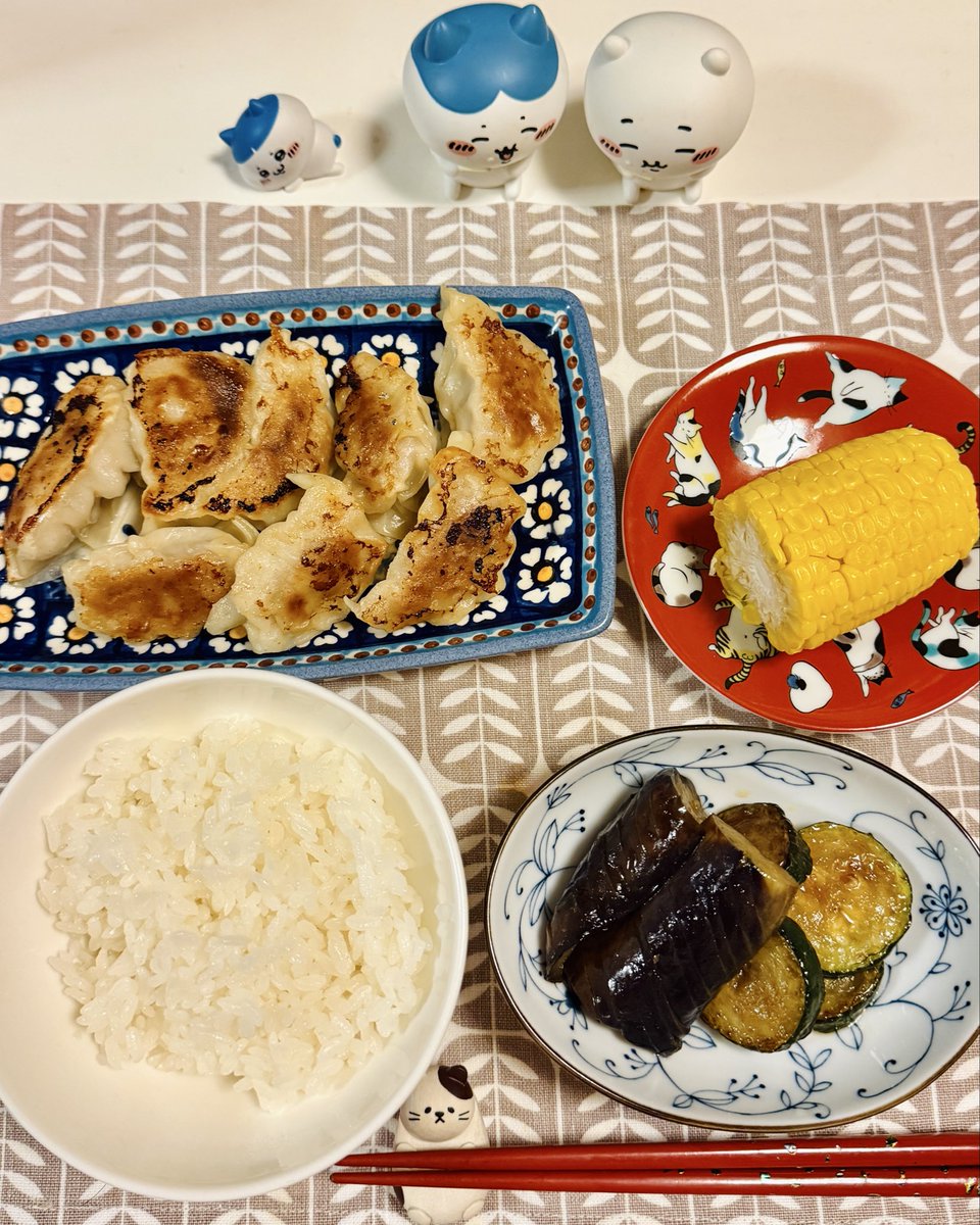 plants_franz's tweet photo. 今日は普通に働いてしまった。夕飯はなすとズッキーニの焼き浸し、大豆のお肉の餃子、茹でとうもろこし、白ごはん。そしてSuica https://t.co/gEdU3slI83