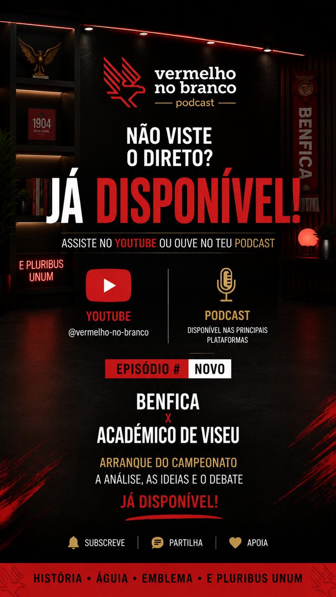 vermelhonbranco's tweet photo. 🔴 NÃO VISTE O DIRETO? JÁ ESTÁ DISPONÍVEL!

O primeiro Vermelho no Branco da nova época já pode ser visto no YouTube ou ouvido em podcast. 🎙️

Analisamos a estreia do Benfica no Campeonato frente ao Académico de Viseu, o momento da equipa e o arranque de 2026/27. https://t.co/9HRDvOZoSA