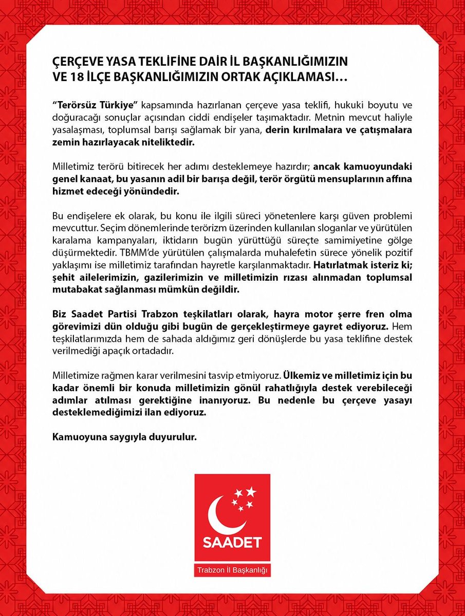saadettrabzon's tweet photo. ÇERÇEVE YASA TEKLİFİNE DAİR İL BAŞKANLIĞIMIZIN VE 18 İLÇE BAŞKANLIĞIMIZIN ORTAK AÇIKLAMASI… https://t.co/74rvnG5k0j