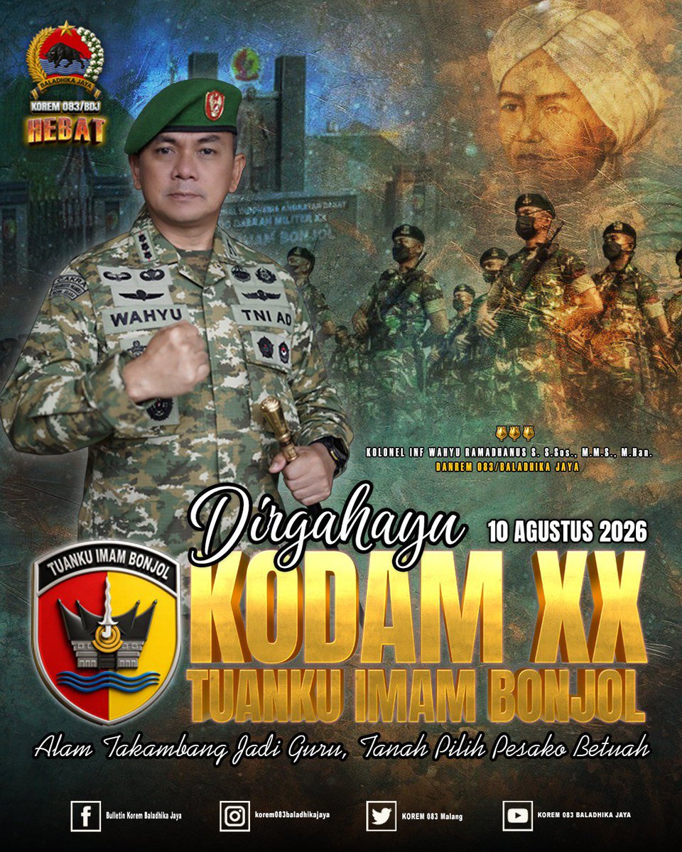 Korem083Bdj's tweet photo. Dirgahayu Kodam XX/Tuanku Imam Bonjol! 🇮🇩 https://t.co/4UxoJawWA7