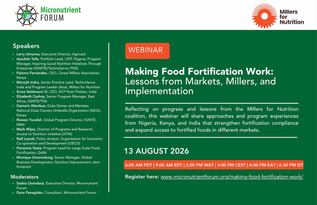 MNForum's tweet photo. Don't miss the webinar: Making Food Fortification Work: Lessons from Markets, Millers and Implementation

Hear experts from Nigeria, Kenya &amp; India &amp; get insights from the M4N Coalition’s work with 500+ millers.

📅 13 Aug 
🕘 9:00 AM EDT 

🔗https://t.co/ZYnW9tphrl https://t.co/6G84Fz1UJt