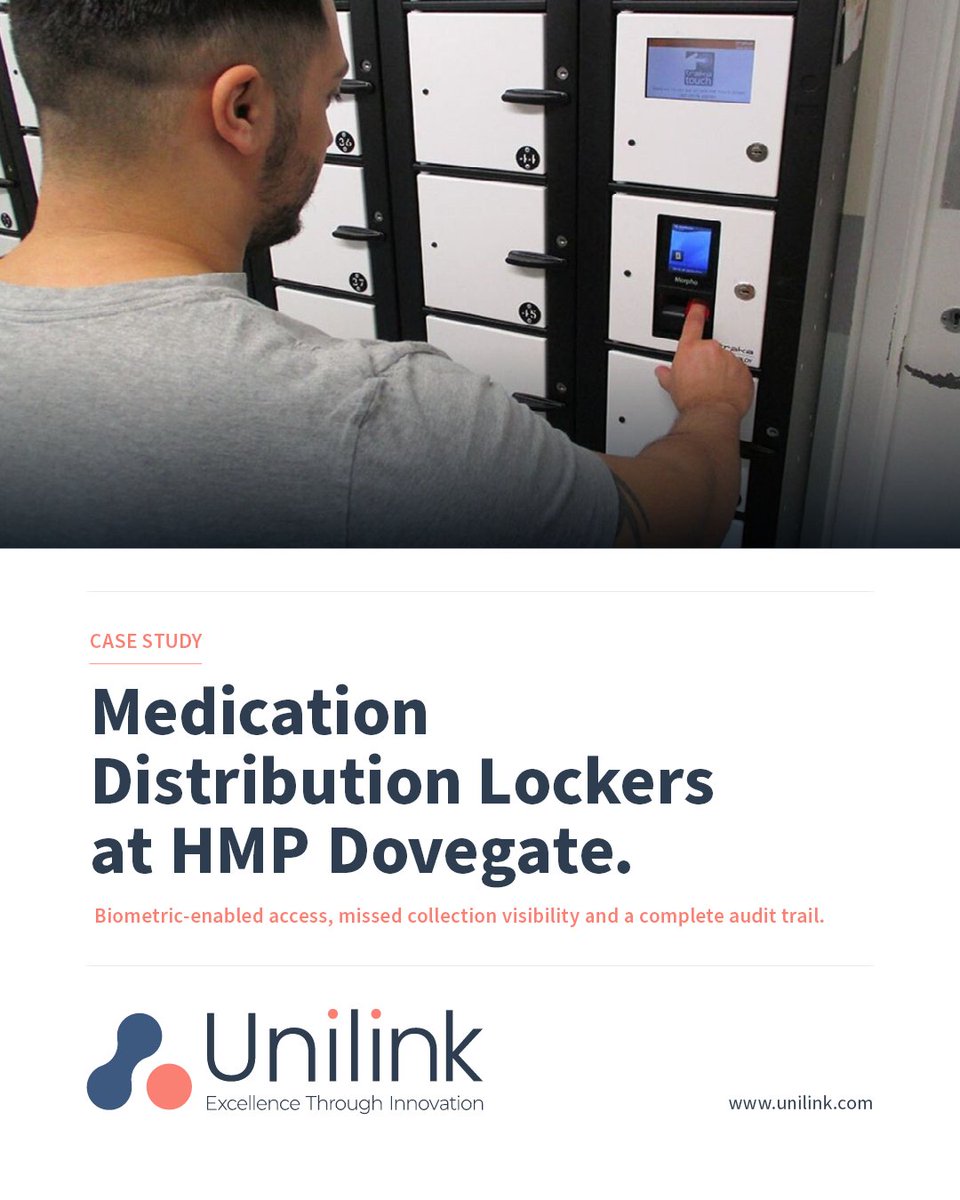 UnilinkSW's tweet photo. At HMP Dovegate, medication was being dispensed manually, with queues in confined spaces and set collection times. Unilink helped introduce biometric-enabled Medication Distribution Lockers, giving offenders fingerprint access. https://t.co/hpTO3jqcpg https://t.co/eBS9WnR7X8