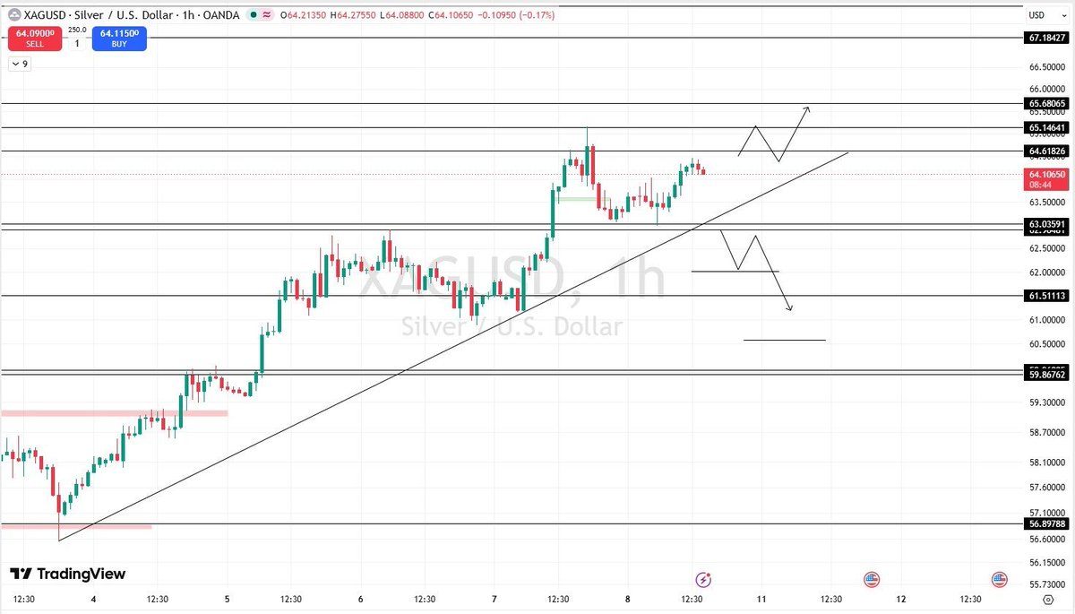 carlosncomp_us's tweet photo. 🥈 XAGUSD Technical Outlook  Silver remains bullish above 63.04, supported by a rising trendline and higher lows.   Breakout: 64.62 Targets: 65.15 → 65.68 → 67.18  Below 63.04: 62.00 → 61.51 → 59.88 Bias: Bullish above 63.04 | Buy-on-dip

  #XAGUSD #Silver #Trading https://t.co/FgxZbJyIsk