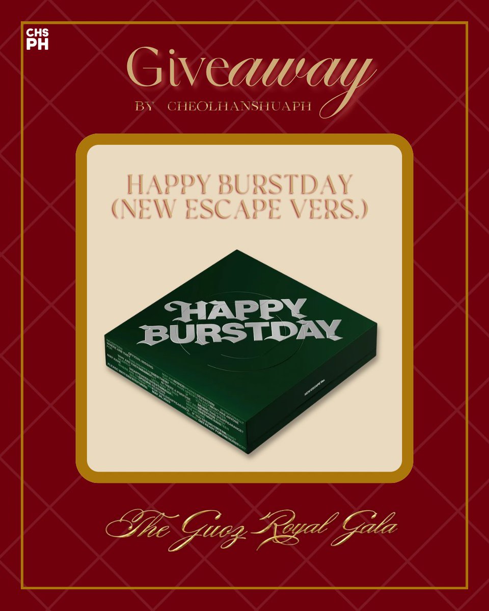 cheolhanshua_ph's tweet photo. Another GIVEAWAY!

Our second gift is HAPPY BURSTDAY (NEW ESCAPE version) SEALED ALBUM!

Everyone can drop their entries, even if you have already participated in our first giveaway! 

Make sure to read the mechanics below.

MECHANICS:

1. Follow our social media accounts and please provide screenshots (cheolhanshua_ph on X and TikTok, cheolhanshuaph_ on IG)
2. Tag 3 moots

STRICTLY 1 ACCOUNT = 1 ENTRY

Winner will be on August 22 and announced on our account.

Goodluck! 👑

#SCOUPS #에스쿱스
#JEONGHAN #정한
#JOSHUA #조슈아