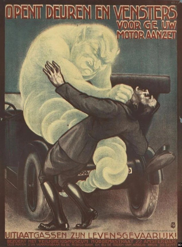 PulpLibrarian's tweet photo. "Open doors and windows before you start your engine." 

A 1925 safety poster by Willem Papenhuijzen. https://t.co/rsIVVFWqhz