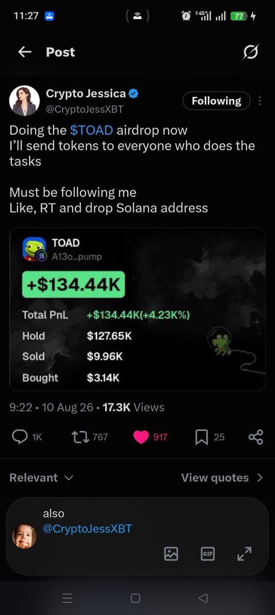 whogoddonbless's tweet photo. @CryptoJessXBT Hope small account winning this airdrop also @CryptoJessXBT

GsG8Vumni3QXQNa5KhiYXbgcyeTsFk3VnsEma7xfJ4cp https://t.co/27J3giCRU8
