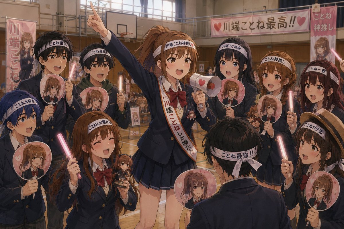 Br29QfN4HQ46752's tweet photo. 瑞稀の過去はわかった。　計画もわかった。　だが、肝心の「今のアイツが何を考えてるのか」は、近くにいなきゃわからねぇ。

　だが、どうやって近づく？　瑞稀にとって、今のアタイはただの神子教徒だぜ？

　「ひとみん！　私、思いついてしまいましたの！　校舎の手洗い場をジュースに変えませんこと？　ことねも大喜びですわよ！」

　美羽の提案だった。　オメェが飲みてぇだけじゃねぇか？

ーーそう思ったが、閃いた。　これを利用しよう。

　かくして、アタイたちファンクラブは総力を挙げた。　

　ーー見事に完成した蛇口ジュースに、美羽の横でワザとらしいぐらいにリアクションする瑞稀。

　蛇口をひねればオレンジジュースが出る手洗い場。　全校生徒は大喜び、美羽は毎日通い詰め。　文化祭の名物としても注目される始末だ。

　放課後、アタイは見たぜ。　無表情で、ジュース蛇口を見つめる瑞稀の姿をよ。　

　「……なに？　ジュース蛇口って？　頭、湧いてるじゃないの？　あのモブ女ども……」

　瑞稀は蛇口をひねって、出てきたジュースを眺めて、また蛇口を閉めて。　何度もそれを繰り返してた。　

　これで奴は、アタイを強く意識したはずだ。　「読めない奴」としてな。　計画で動く人間には、計画外の人間が一番気になるもんだぜ。

　これに味をしめたアタイは、ふれあい広場に社を建てることに決めた。

　名付けて『ことね神社』完璧だろ？

　ーーこれを、見た時のアイツの顔が楽しみだぜ！

　そして、文化祭当日。　メインイベントのジャンケン大会。　勝ち残り式の、単純だが盛り上がる企画だ。　その決勝戦で、ことねと彩乃がぶつかった。

　最終決戦だ。　勝った奴の願いを一つ叶えてくれるらしいぜ！　そのお陰で、会場は大盛り上がりだぜ。

　当然、アタイたちファンクラブは、ことね全力応援の構えだ。　そして応援ってのは、相手へのブーイングとセットなんだよ。

「「「彩乃ー！　空気読めー！」」」
「「「神子様の引き立て役ー！」」」

　アタイたち一行は、彩乃へブーイング行為を行った。

　ーー彩乃を巻き込むのは、戸惑いがあった。　アイツはことねの友達だし、悪い奴じゃねぇのは知ってる。　だが、ファンクラブってのはこういうもんだ。　お祭りの範囲の、様式美ってやつよ。　彩乃も苦笑いで流してたし、仕方ねぇと思っていたのだが。

　ここで、予想外のことが起きた。

　アタイのファンクラブナンバー2ーー黒田明里が、ゴミを彩乃へ投げつけたのだ。

「ッ、明里！？」

　様式美じゃねぇ。　アレは、本気の敵意だ。　声援とブーイングの境界線を、明確に越えやがった。

　慌てて止めに入ろうとして、アタイは気づいちまった。

　ーー瑞稀の奴が見ていやがった。

　瑞稀は、明里の投擲を最初から最後まで、視線で追ってた。

　ーーそして。　瑞稀の奴は、一瞬だけ無表情になった。

　あの顔、アタイは知ってるぜ。　ジュース蛇口を見つめてた時の顔でも、生徒会の営業スマイルでもねぇ。　

　次の瞬間、瑞稀は仮面をかぶって、慌てたフリをしやがった。

　ーー完璧な、倉石瑞稀の対応だった。　あの女が演じているなぁ？

　ーーちょっと、嫌な予感がしやがるぜ。