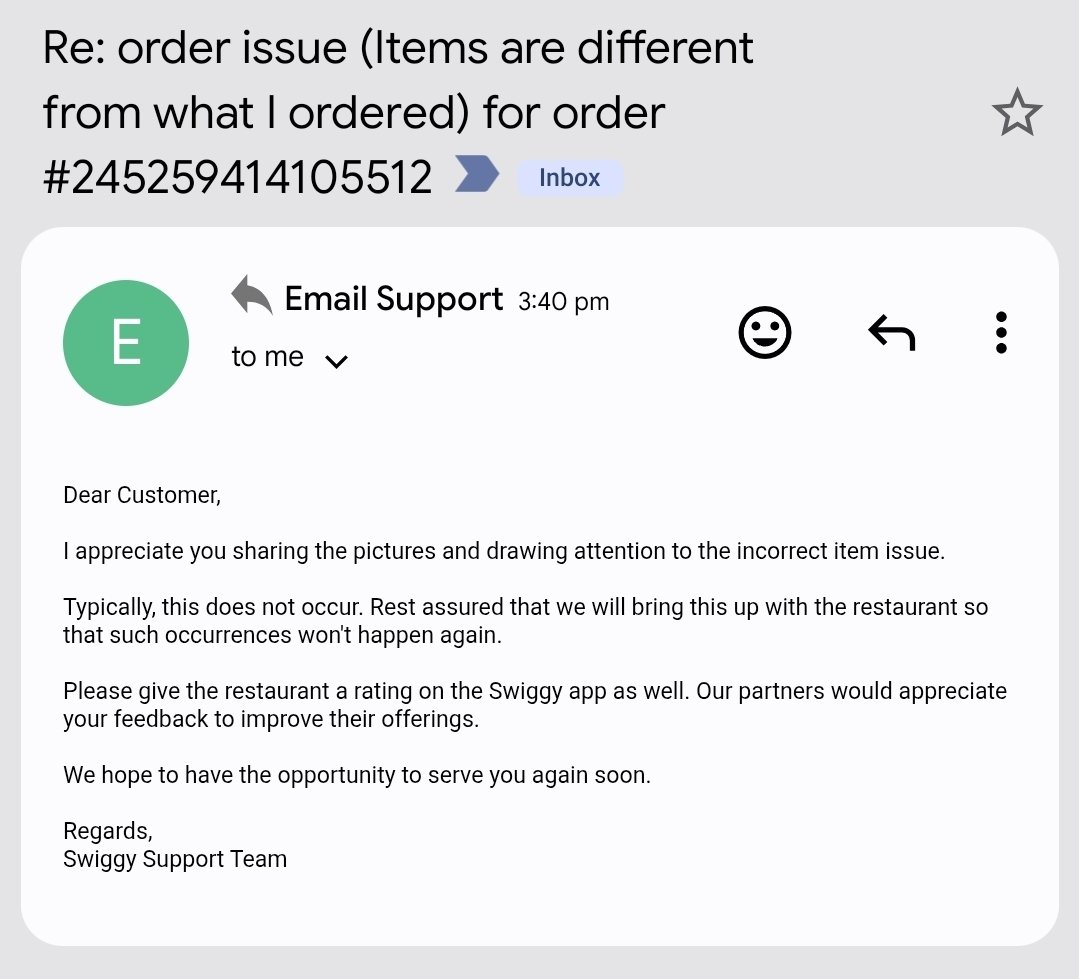 bpaul222111's tweet photo. @SwiggyCares @Swiggy  Team, pls check what kind of response I am getting from your email department. This is so bad, I am loosing my money for bad food quality and wrong food sent. They sent both same pizza where I ordered 2 different type of pizzas and both the pizzas were burnt https://t.co/wLOMaBPIKx