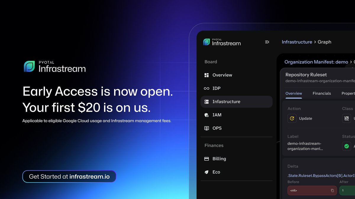 PvotalTech's tweet photo. For the first time ever, the Infrastream Developer Plan is available.

#AI solved code generation. The platform is now the bottleneck.

Start today.

Read more: https://t.co/JbTxJ5vRhg
#PlatformEngineering #GoogleCloud https://t.co/vPBhKiE6rj