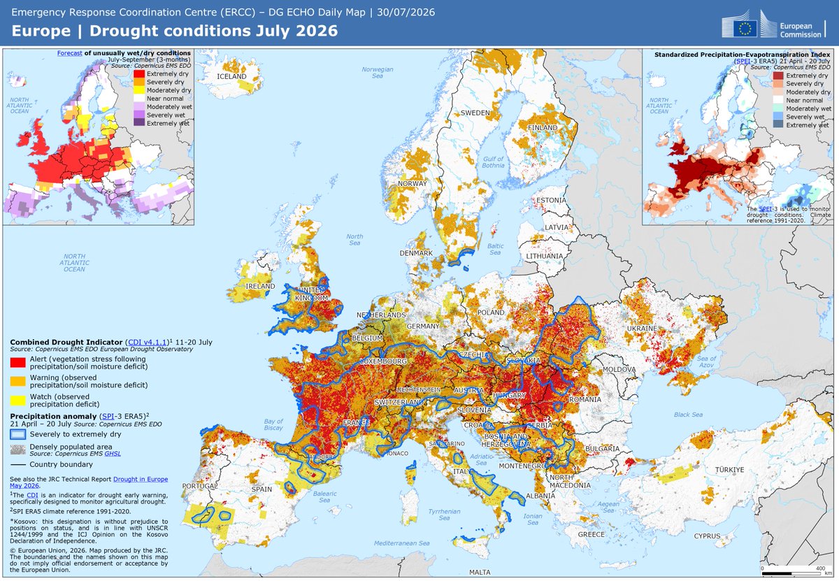 EduardoSaldania's tweet photo. Mapa de las sequías en el mes de julio en Europa. Atentos al impacto en el centro del continente.

Vía @EU_Commission https://t.co/vZErPs6Dca