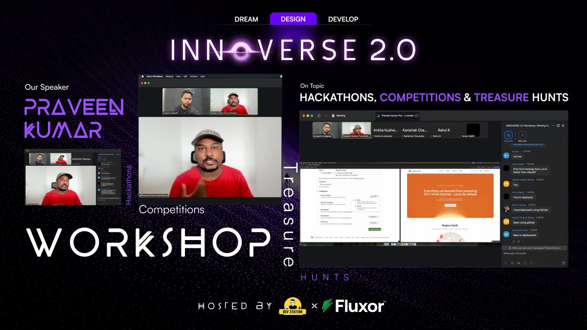 fluxor_'s tweet photo. Last night, we hosted an insightful workshop with Praveen Kumar as part of #INNOVERSE 2.0.
We explored Hackathons, Competitions & Treasure Hunts and discussed valuable insights for builders looking to participate, compete, and create impactful projects.
Thank you, Praveen, for joining us and sharing your experience and a big thank you to everyone who joined the session!
Dream. Design. Develop.