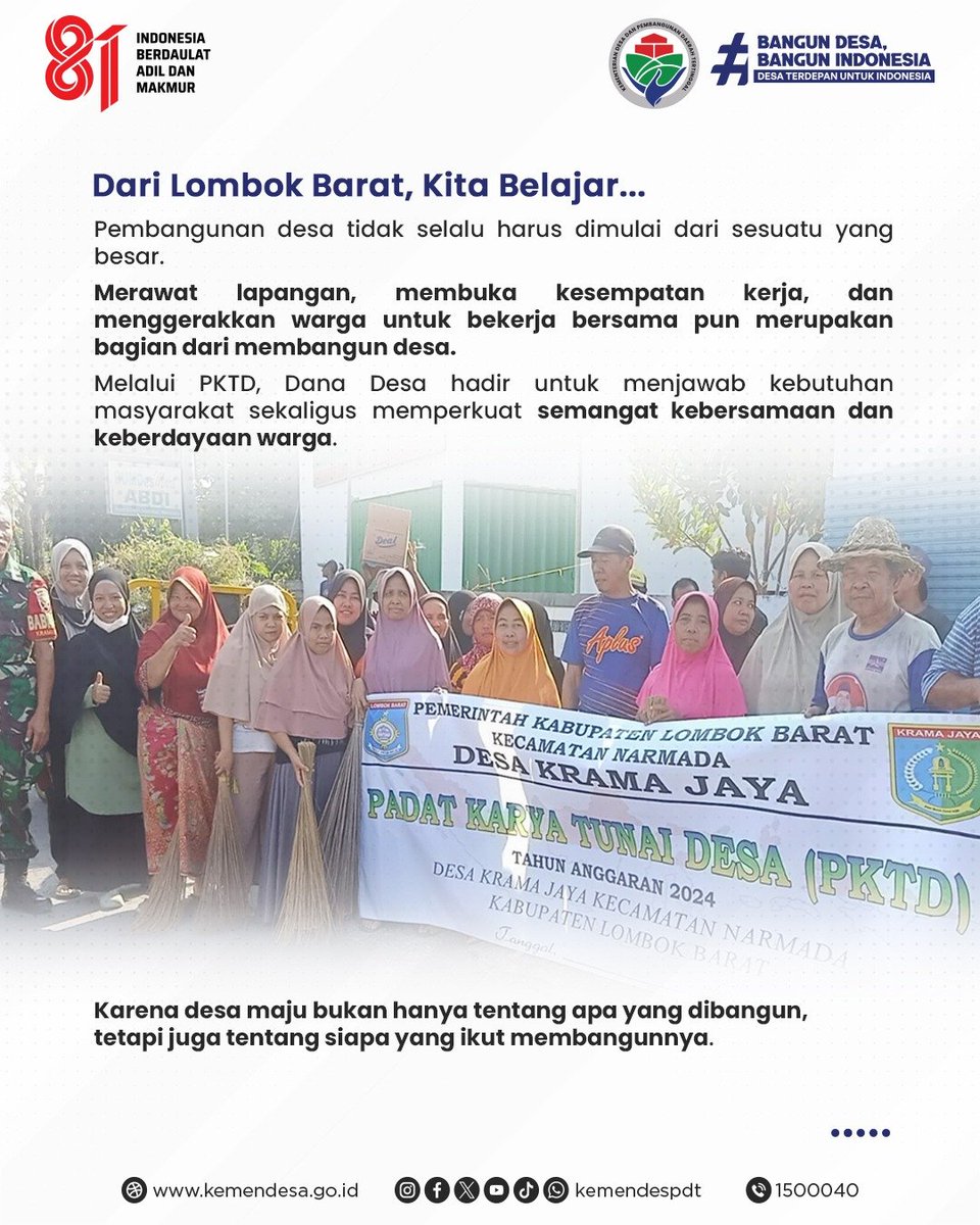 kemendespdt's tweet photo. Kisah dari Desa Tanak Beak, Lombok Barat, menunjukkan bahwa pembangunan akan terasa lebih bermakna ketika masyarakat ikut menjadi bagian di dalamnya. Fasilitas desa terawat, warga memperoleh penghasilan, dan semangat gotong royong terus tumbuh. https://t.co/MVbvzcBBh8