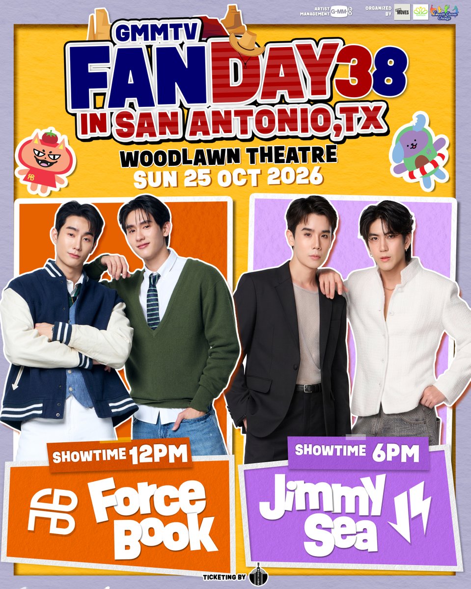 GMMTV's tweet photo. Be prepared~ San Antonio is going to welcome Jimmy-Sea and Force-Book!
in GMMTV FANDAY 38 IN SAN ANTONIO, TX 🤩✌🏻
Two pairs, two different styles of fun — we want you to experience them firsthand!
See you there…
October 25, 2026 at Woodlawn Theatre
🔺FORCE-BOOK : Showtime: 12:00 PM
🔺JIMMY-SEA : Showtime: 6:00 PM
🎟️ Tickets on sale August 17, 2026 at 11:00 AM (CST) 
via https://t.co/5E7dteoIQQ
Grab your tickets and join the fun! See you there! 🥳🎉

#GMMTVFANDAY38USA 
#FORCEBOOKxFANDAY38SANANTONIO 
@fforcejs @kasibook 
#JIMMYSEAxFANDAY38SANANTONIO 
@jimmyyjp_ @Sea_tawinan 
#GMMTV