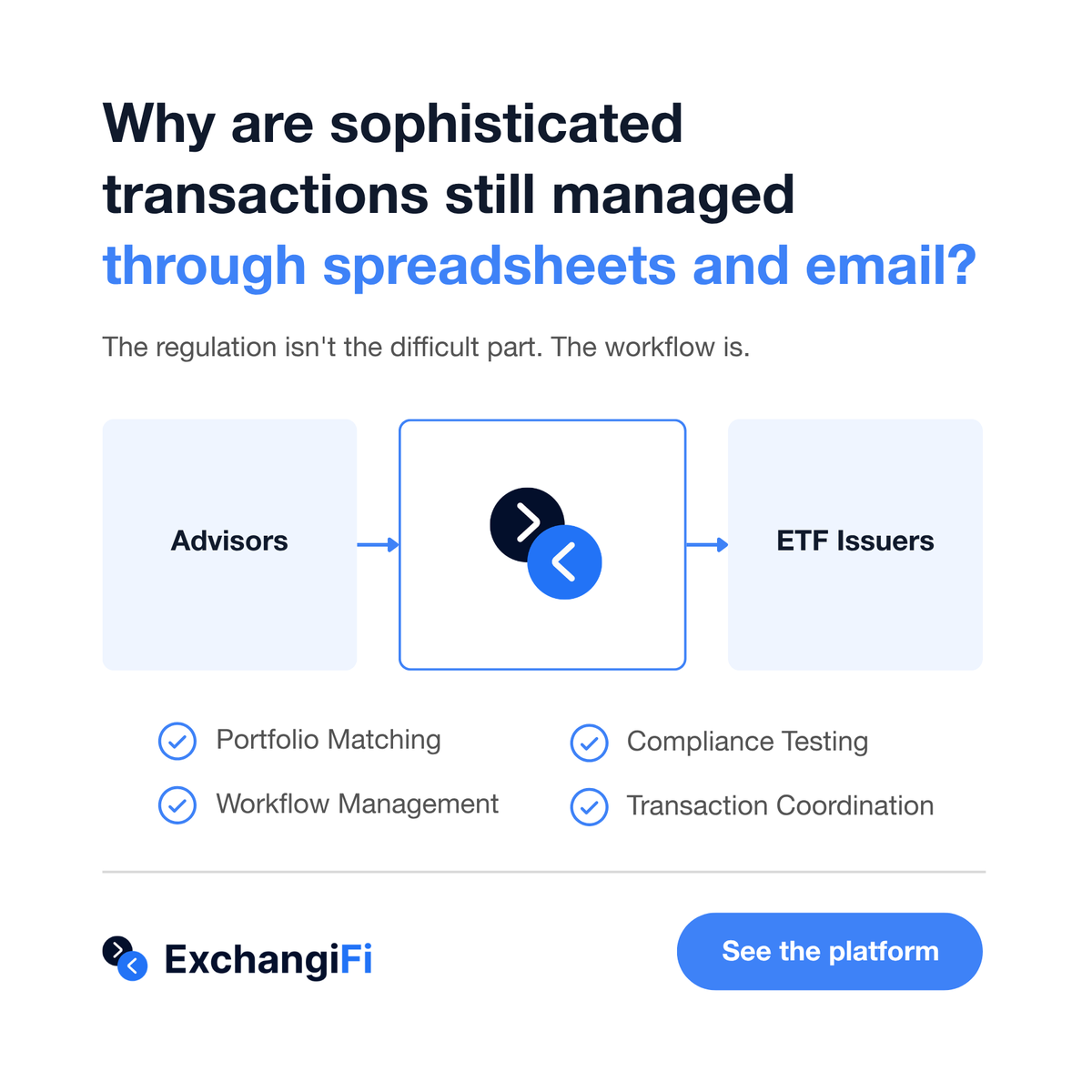 ExchangiFi's tweet photo. Managing concentrated stock positions usually means choosing between huge tax bills or high portfolio risk.

Section 351 exchanges offer a 3rd path and ExchangiFi makes the process simple for advisors and ETF issuers.

#WealthManagement #TaxEfficiency

https://t.co/WXvXFbF4hH https://t.co/Nny9cujQKm