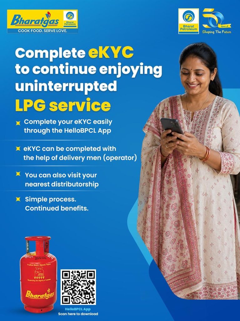 BKurnool1's tweet photo. Complete ekyc to continue enjoying  uninterrupted LPG services. Complete with ease using HelloBPCL App or visit your nearest distributor

Download the App: https://t.co/cXEW8QzkuU

@BPCLimited @BPCLLPG @PetroleumMin @HardeepSPuri @Secretary_MoPNG #Bharatgas https://t.co/mkFQGt0Pun