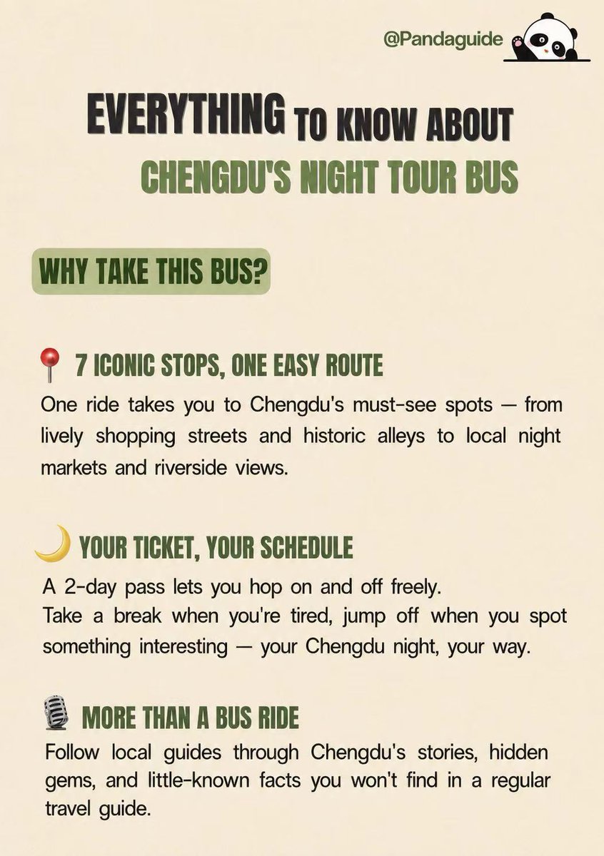 SichuanDaily's tweet photo. 🌙 A new way to discover Chengdu at night!
From Jinjiang River breeze to Kuanzhai Alley lights, from Fuqin Night Market's local flavors to Jinli's ancient charm — enjoy Chengdu's nightlife in one easy ride.
💬DM us if you need help#pandaguide #PandaGuide #ChengduEvents https://t.co/AUP6uMBS4L