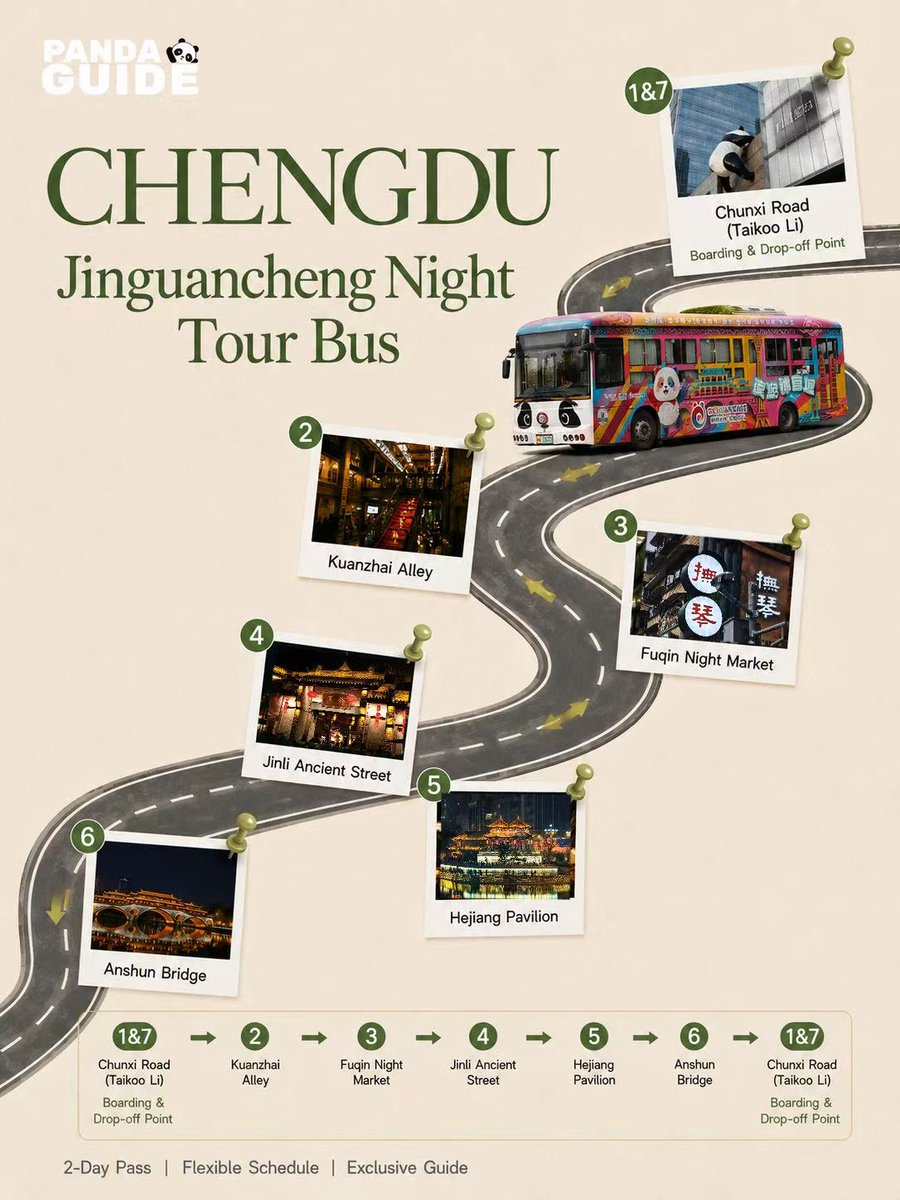 SichuanDaily's tweet photo. 🌙 A new way to discover Chengdu at night!
From Jinjiang River breeze to Kuanzhai Alley lights, from Fuqin Night Market's local flavors to Jinli's ancient charm — enjoy Chengdu's nightlife in one easy ride.
💬DM us if you need help#pandaguide #PandaGuide #ChengduEvents https://t.co/AUP6uMBS4L