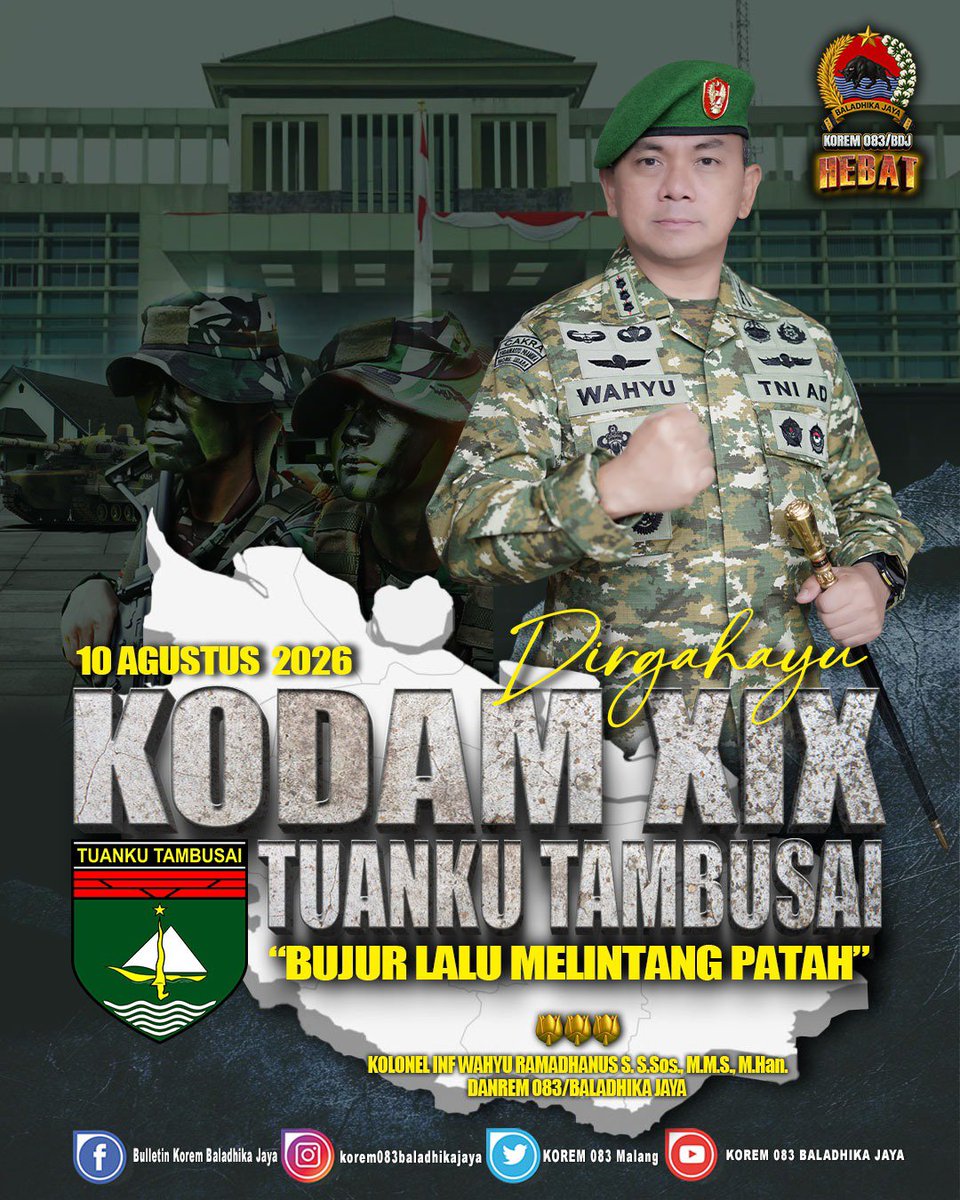 Korem083Bdj's tweet photo. Dirgahayu Kodam XIX/Tuanku Tambusai! 🇮🇩 https://t.co/LafRE6MSNn