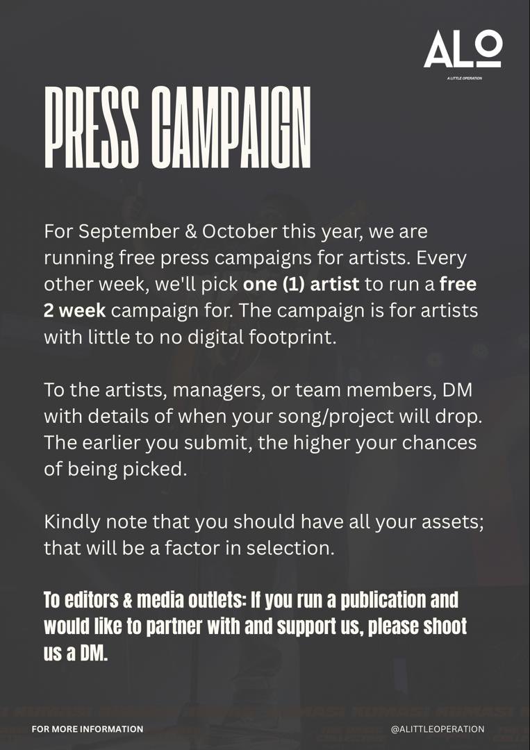 alittleop_'s tweet photo. Super important announcement to all artists. Our main focus are artists with little to no digital footprint. 

Full details on graphic. 

We are also open to partnering with writers, editors and platforms who are interested in the campaign.

#ALO https://t.co/5dDBptNpDK