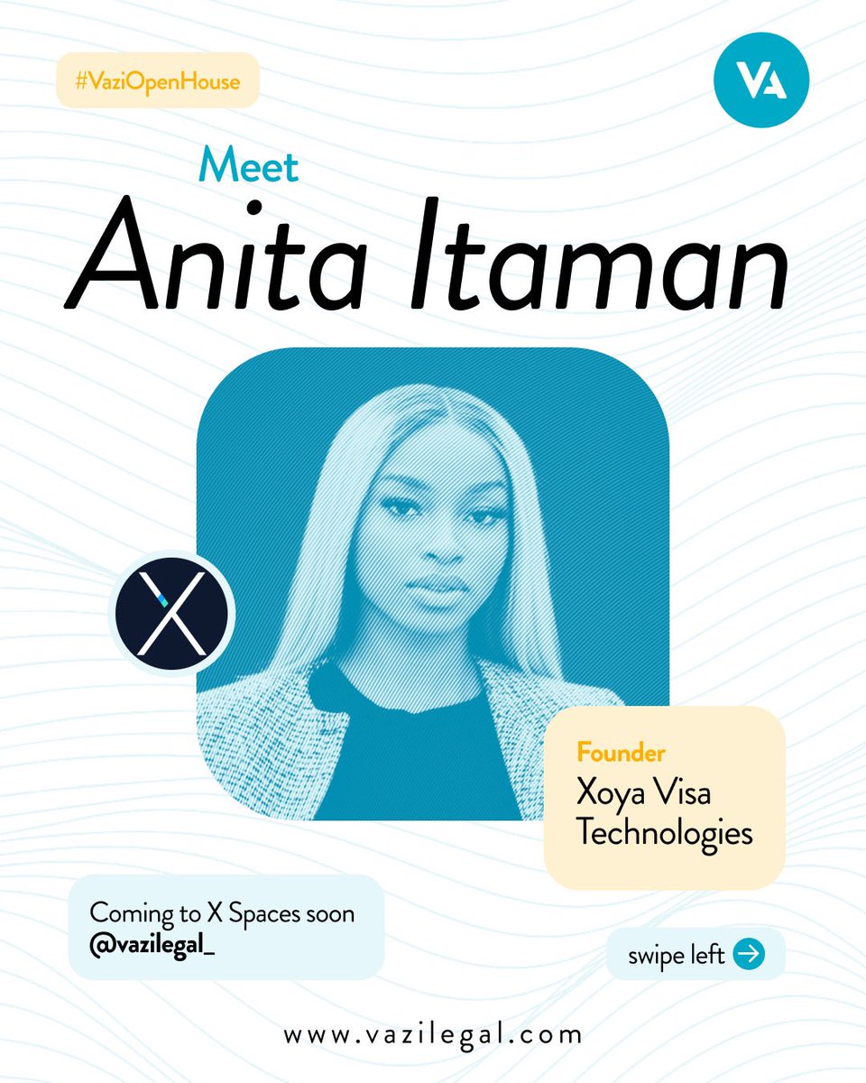 VaziLegal's tweet photo. We’re excited to welcome the Founder of Xoya Visa Technologies as our guest speaker on our Twitter (X) Spaces this Thursday by 5pm WAT. 

🔗 https://t.co/9ro6duSTEy

🧵👇🏾 https://t.co/BpdeeDz0zZ