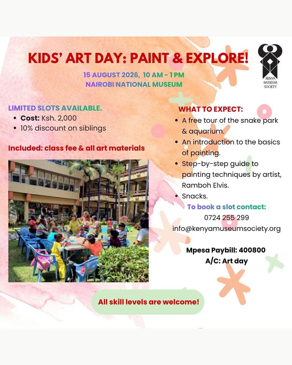 UsanifuNews's tweet photo. The @MuseumSociety  is hosting Kids’ Art Day on 15 August 2026 at the Nairobi National Museum, giving children a morning of painting, creativity and exploration. Participants will enjoy a free tour of the snake park and aquarium, learn basic painting techniques. https://t.co/jyNMqQpspU