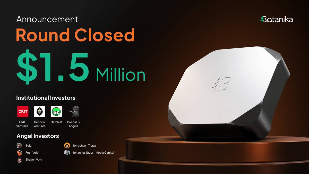 botanika_sol's tweet photo. 🌿 Botanika Round Closing Announcement

Botanika has successfully closed its $1.5M round.
This round was joined by the following investors:

Institutional Investors:
CRIT Ventures (@CRIT_ventures)
Baboon Ventures (@baboonvc)
Marble X (@MARBLEXofficial)
Daedalus Angels (@daedalus_angels)

Angel Investors:
Jongchan (@guyukyukgu) — Trepa
Johannes Jäger (@jayhuntar) — Metrix Capital
Fez (@fez_xbt) — Voltr 
Shayn (@shaynshin) — Voltr
Soju (@0xSoju)
Cristian (@kiddoq) 

For the past several months, we have been quietly building towards one mission.

Hardware that actually runs. A network that puts that hardware to work. And a token model where revenue comes from real usage, not from token inflation.

NIMBUS is the first iteration of that work.

Botanika started from a simple question.

"If AI-era infrastructure ends up concentrated in five companies, is there a way to distribute ownership of that infrastructure?"

To answer that question, we chose to stand at the point where DePIN, RWA, and AI meet.
 → DePIN supplies the hardware
 → RWA shapes the ownership structure
 → AI creates the real demand

Each is a narrative on its own. Together, they become an industry.

This round also marks a meaningful step in Botanika's alignment with the Solana ecosystem.

With angels coming from Daedalus Angels, Meteora, Trepa — teams that have contributed significantly on Solana — Botanika now stands closer than ever to the ecosystem where high-throughput infrastructure, real economic activity, and on-chain composability converge.

This is more than a list of names. It is a foundation for what comes next.

The investors who joined this round did not come simply to commit capital.

They came to build alongside us — to help expand the Botanika ecosystem, open new pathways, and bring more of the right people into this network. The conviction they showed is matched by the commitment to grow this together, over the long term.

The infrastructure is real. The roadmap is real. And there has never been a better moment than now.

Join us
✅ Discord: https://t.co/AXwfU7LKaI
✅ Telegram: https://t.co/LuhC2Gjovf