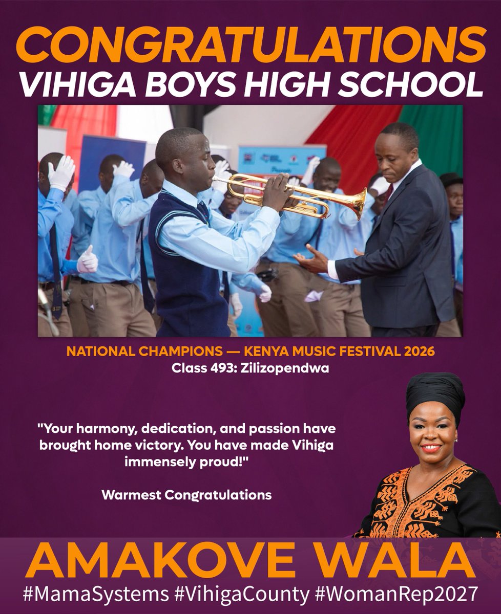 MamaSystemsAW's tweet photo. Congratulations to Vihiga Boys High School on winning the 2026 Kenya Music Festival National Finals.

Your talent, discipline and teamwork have made Vihiga proud. Hongera sana, champions.

#MamaSystems #VihigaBoys #VihigaCounty #KenyaMusicFestival https://t.co/jS6ktZ0sjJ