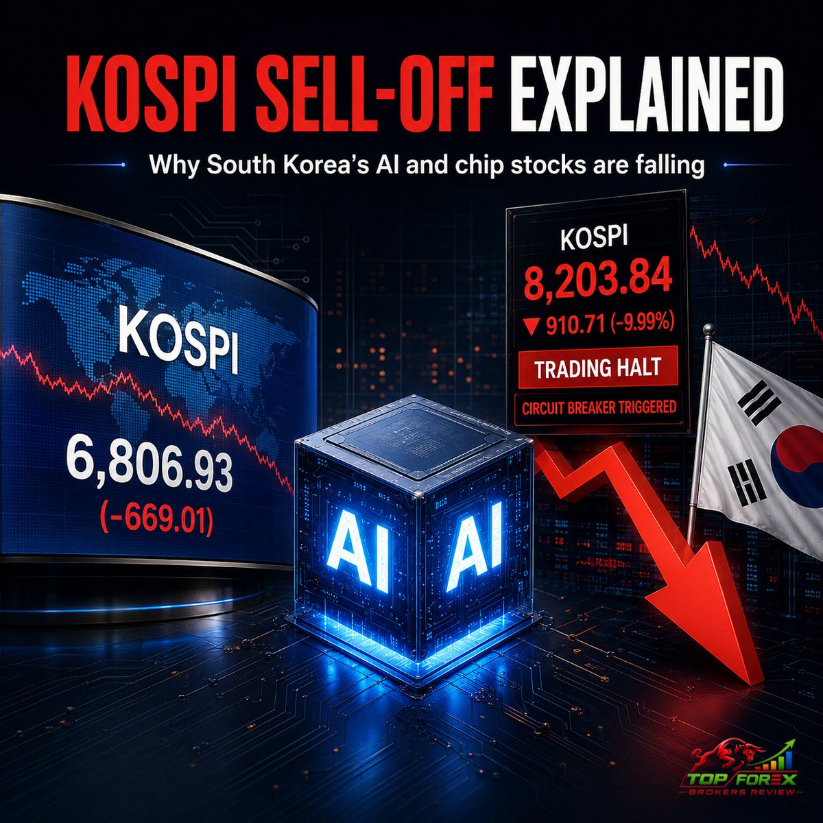 topfx_brokers's tweet photo. South Korea’s AI boom hit a brutal reality check. 📉

The KOSPI rout erased nearly $2 trillion in value. But this wasn’t just a chip-stock correction—leverage helped turn fear into forced selling.

What triggered it? Full breakdown:
https://t.co/xJQa6gCI0u
#KOSPI #AIStocks https://t.co/P9SYrhJmc1