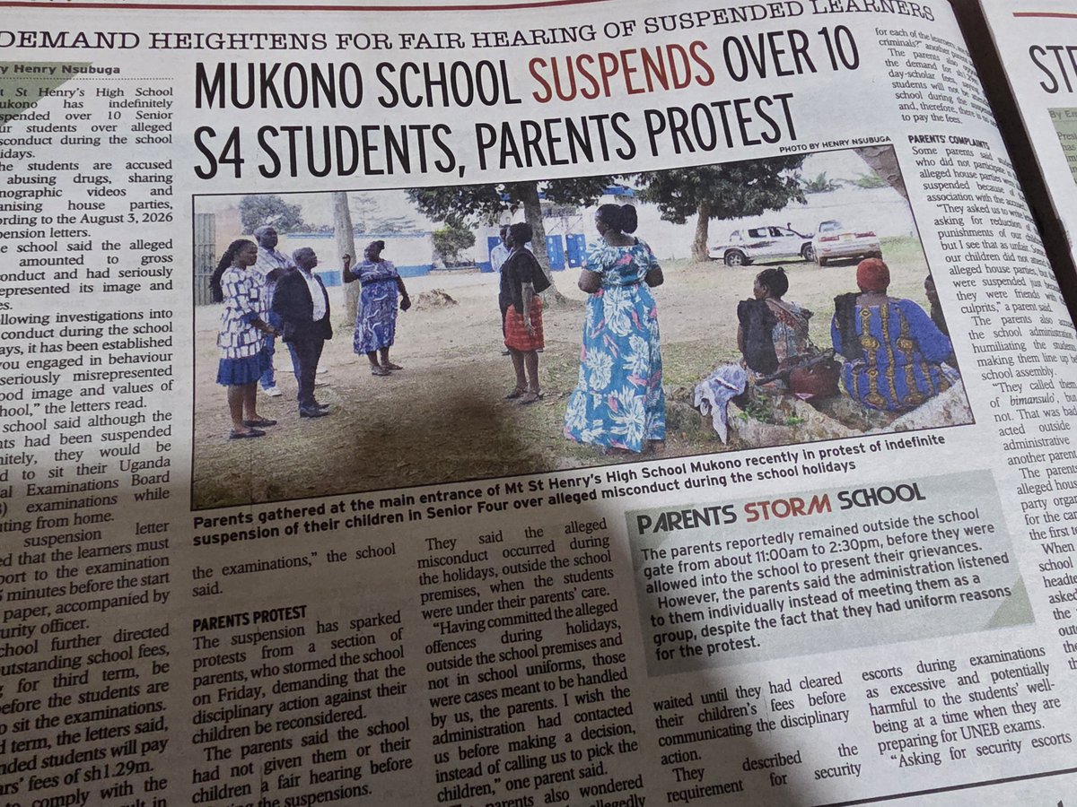 nyamadon's tweet photo. Big Debate: A school in Mukono has indefinitely suspended over 10 students...for alleged crimes ranging from drug abuse, sharing porn & taking part in house orgies. The issue though is that all these "crimes" happened during holidays. The students were not in school. Their parents are now up in arms. They argue that "sins" committed out of school time can't be punished at school. One parent says, "They were not in school, not in uniform. Those are cases for us parents to handle."
Anyway, is a school right to punish students for crimes outside school, during holidays?