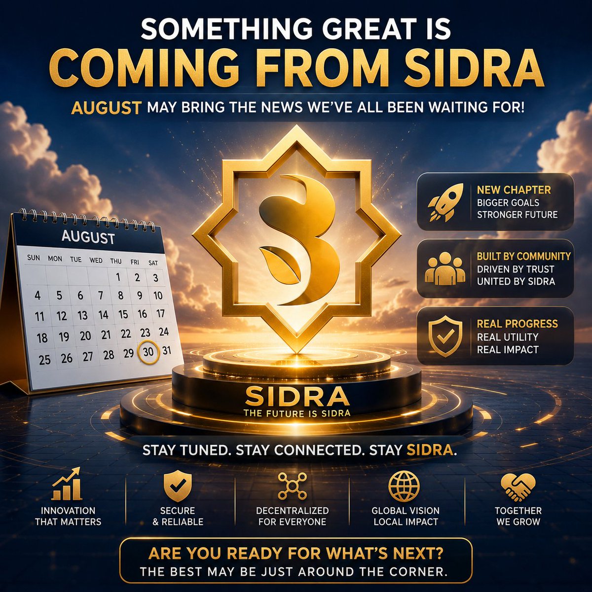 Crypto_C0mpass's tweet photo. Do you think we’ll get some great and exciting news from Sidra toward the end of August? 👀🔥

Could the countdown finally be on for the long-awaited developments? ⏳

What do you think? Are you expecting an important announcement from Sidra by the end of August? 👇

#Sidra #SidraNetwork #SDA #Crypto #Blockchain #Web3 #Hesdek
